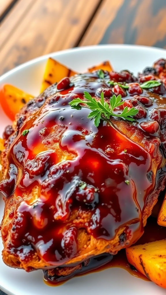 Delicious barbecue chicken glazed with sauce, served with grilled vegetables on a rustic table.